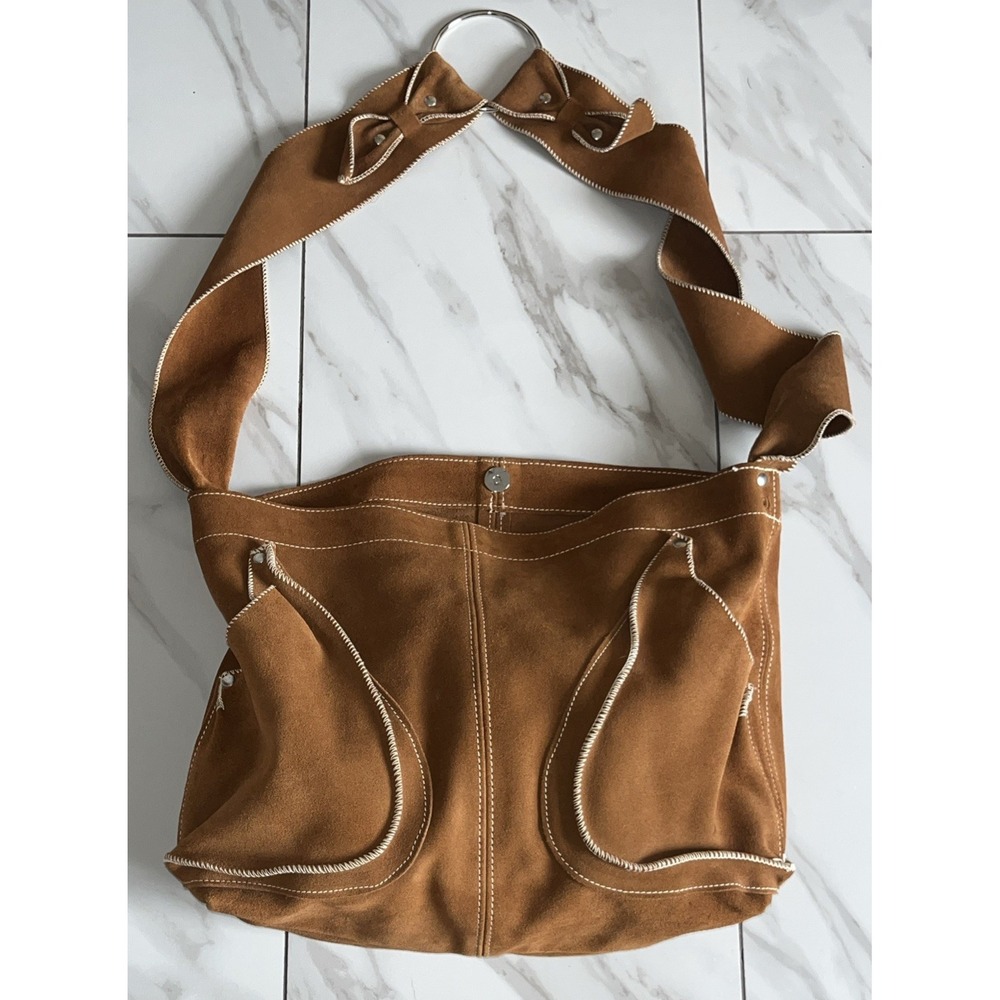 Handmade Suede Leather Wide Strap Crossbody Bag Brown Slouchy Artisan Boho UK - Picture 2 of 16